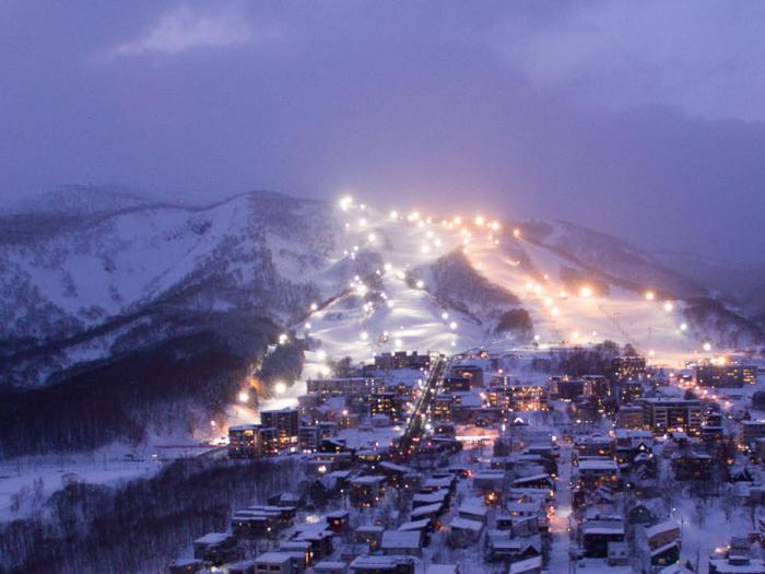 Hirafu village and resort illuminated for night skiing
