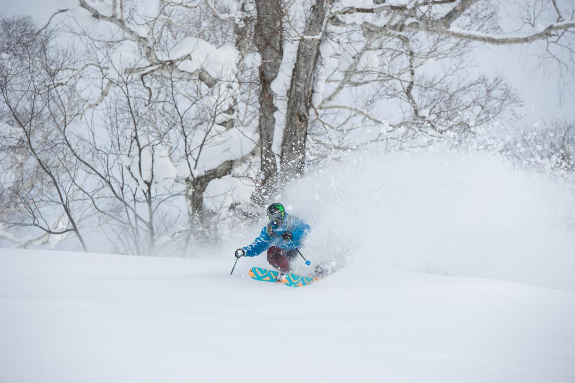 A skier makes a deep turn amongst snowy trees