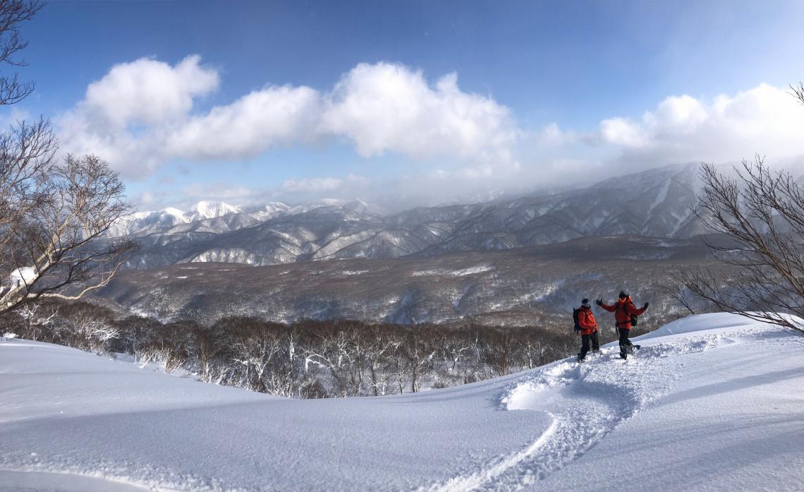 Two skiers stand in the right of frame inside a snowy landscape of trees and rolling hills