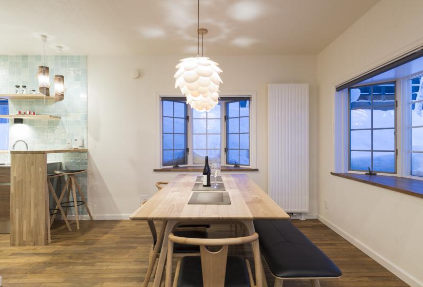 Dining table and white lampshade
