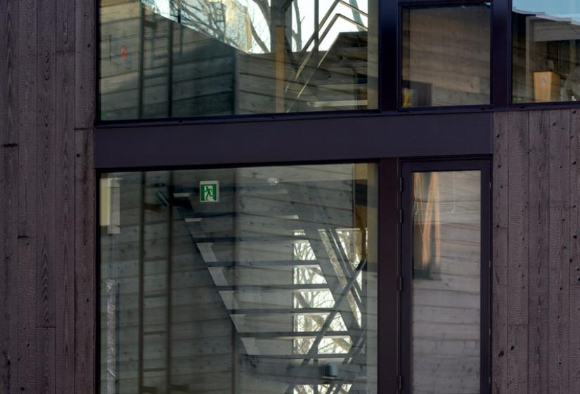 Large windows with view of stairs from outside