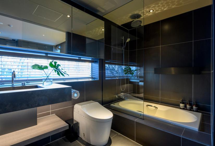 toilet with bath, shower with glass door