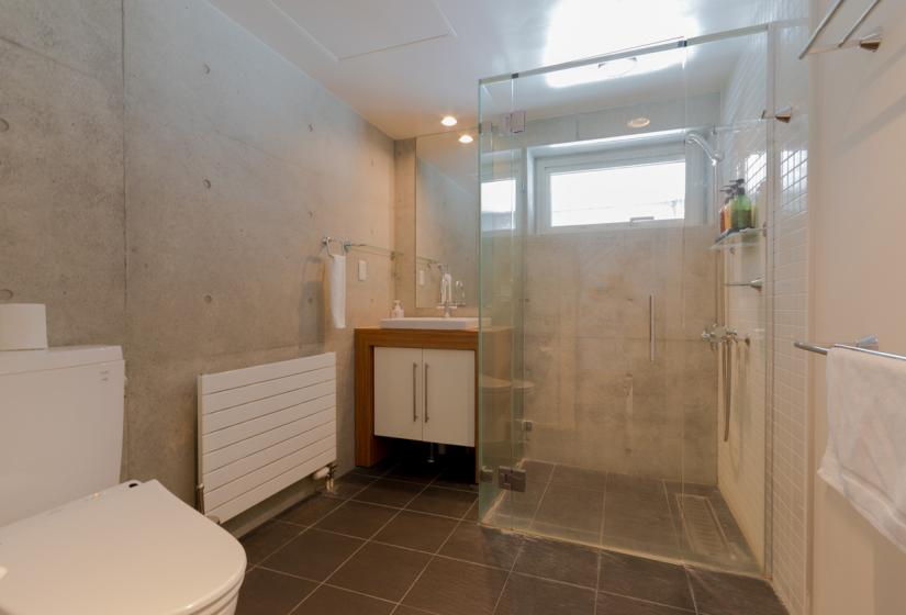 spacious shower room with toilet and heater