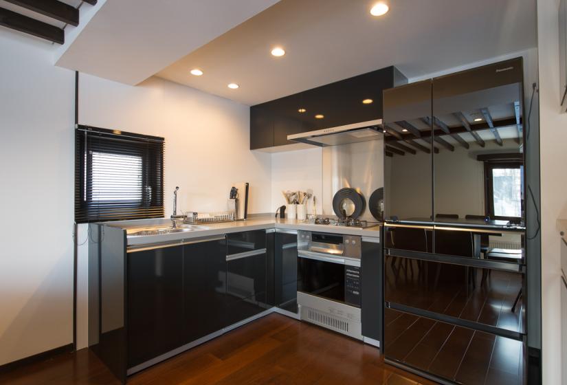 modern kitchen with large refrigerator