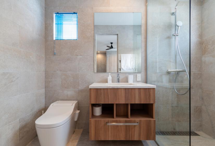 A toilet, sink unit and shower