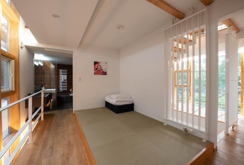 tatami room with folded futon