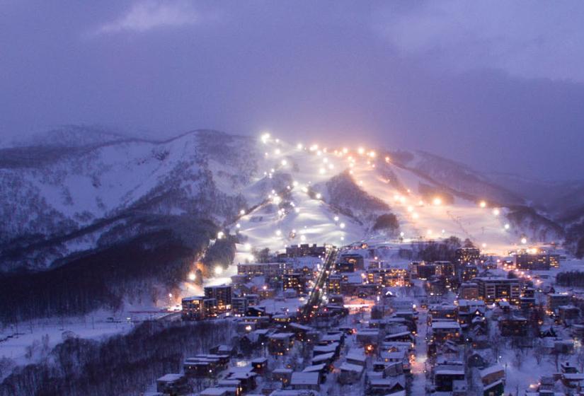 Hirafu village and resort illuminated for night skiing