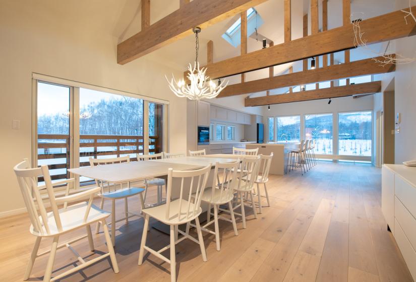 Yotei Yama House is an excellent resort home that comes complete with a vehicle for your use. Yotei Yama House dining table and kitchen area