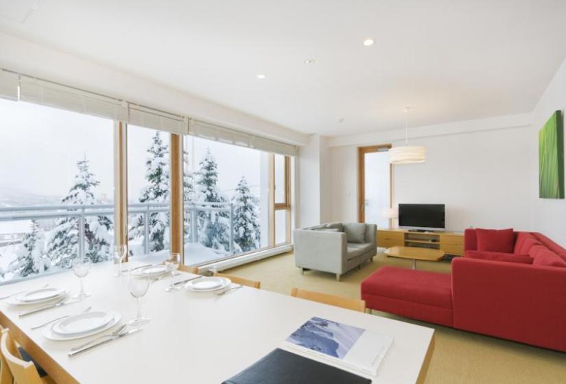 Niseko Landmark View is an excellent choice just a short walk from the Hirafu Gondola. Niseko Landmark View hotel room with red couch