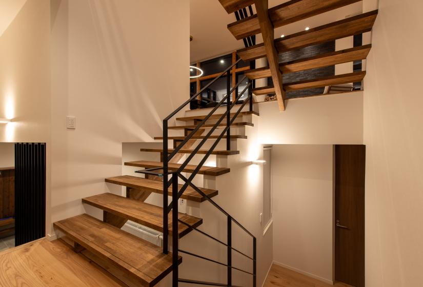A wood and steel staircase