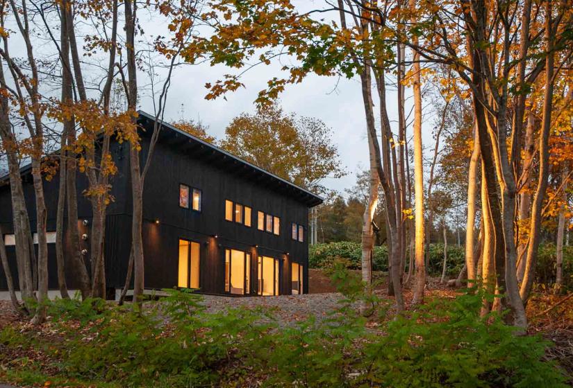 Exterior of a large dark coloured house in evening light