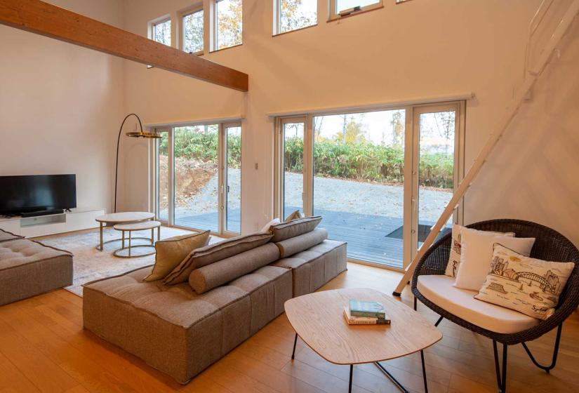 Living area with couches and TV on wall