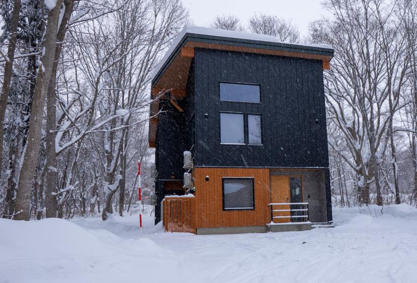 An exterior shot of a two story house with wood and steel cladding
