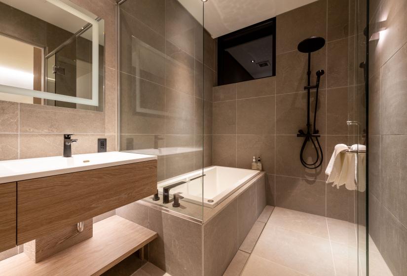 Bath shower and basin in a bathroom