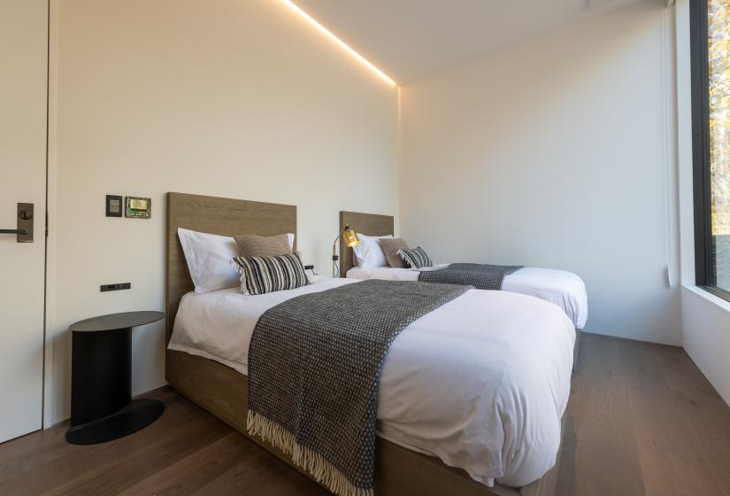 2 single beds with dark throws