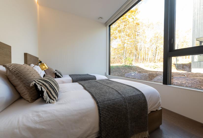 2 single beds with dark throws
