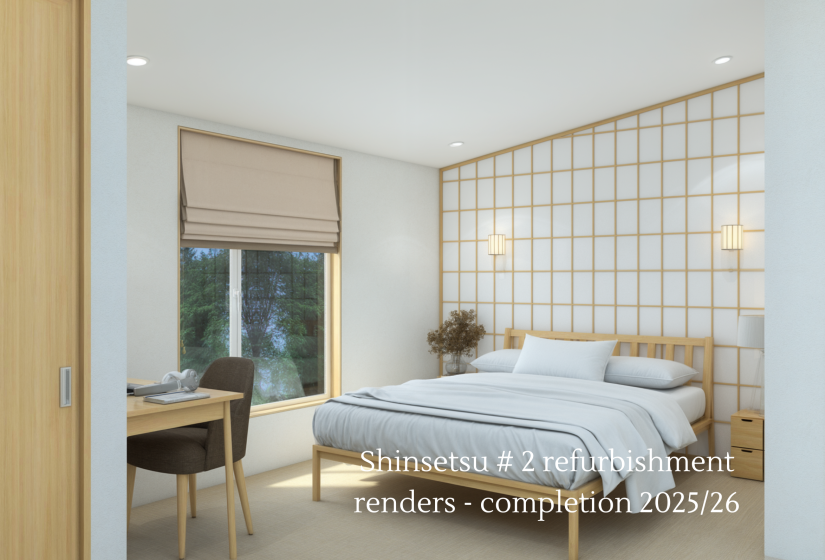 Bedroom with lattice work behind bed