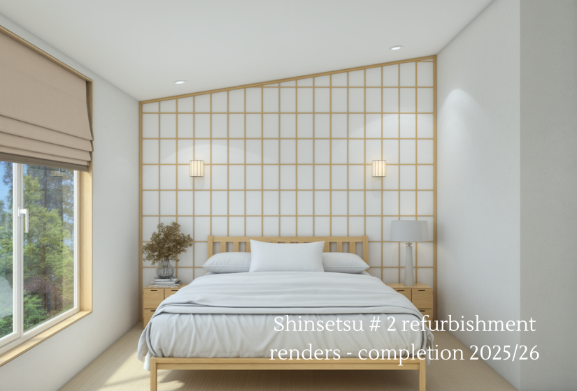 Bedroom with lattice work behind bed