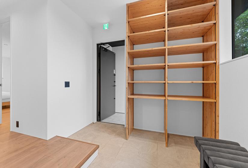 A wall of shelves in a corner