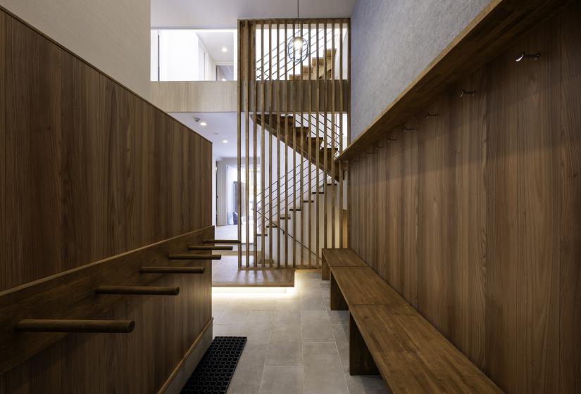 A wooden ski storage area